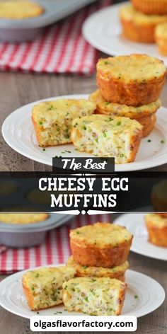 the best cheesy egg muffins on a white plate with red and white checkered tablecloth