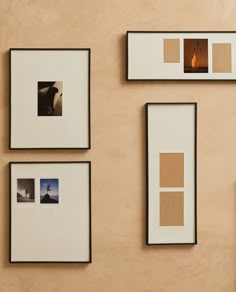 four framed photographs hang on the wall next to each other, with different shapes and sizes