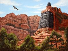 an oil painting of a mountain with a monument in the foreground and a bird flying over it