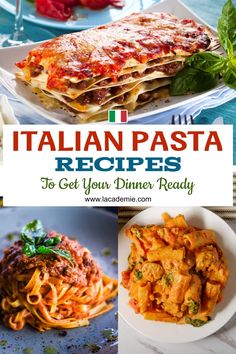 the cover of italian pasta recipes to get your dinner ready, including lasagna and spinach