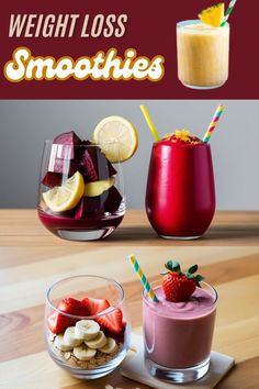 smoothies and smoothie drinks are shown with strawberries, lemons, and bananas