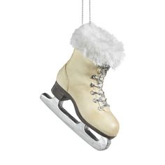 a pair of ice skates hanging from a string