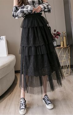 Elegant High Waist Black Lace Tulle Women Skirt - Uniqistic.com Black Tulle Skirt For Fall, Black Tulle Skirt For Spring, Black Tiered Tulle Skirt, Spring Black Tulle Skirt, Black Midi Skirt With Ruffles, Black Tulle Skirt For Winter, Black Tiered Mini Skirt For Fall, Black Ruffled Midi Skirt, Black Tulle Mini Skirt For Summer