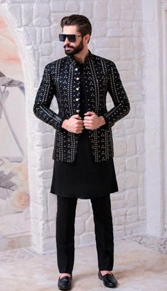 Jants Kurta Design, Sangeet Outfits For Groom, Kurta Blazer Men, Black Koti Kurta For Men, Festive Black Bandhgala For Reception, Semi-formal Black Bandhgala With Dabka, Black Festive Sherwani For Semi-formal Occasions, Men Wedding Outfit, Wedding Outfit For Men