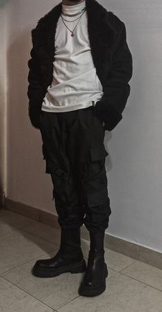 Techwear, Streetwear, Bomber Jacket, Jacket, Faux Fur Jacket, Faux Jacket, Fur Jacket, Cargo Pants, Tech Pants, Emo, Black, Dark, Outfit, Black Outfit, All Black Outfit, Future, Futuristic, Darkwear, Cyberpunk, Chains, Eboy, Anime Boy, Kpop, Fashion, Streetstyle, Techno, Aesthetic, Photography, Urban, Urban Style, Boots, Combat Boots, Chelsea Boots, Prada Boots, Bottega Veneta, cyberpunk edgerunners, edgerunners, Korean Street Style, Korean Fashion Black Outfits Men Casual, Anarchist Fashion, Men Drip Outfits, Black Clothing Aesthetic, Tech Wear Men, Casual Punk Outfits, Dark Wear Men, Street Wear Male, Men Aesthetic Outfits