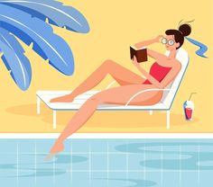 a woman in a red bathing suit sitting on a beach chair next to a pool reading a book