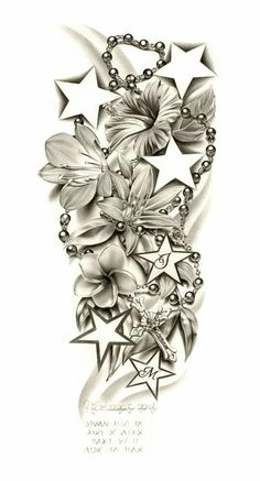 a drawing of flowers and stars on a white background