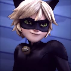 an animated cat woman with green eyes and black cats ears, in front of a blue background