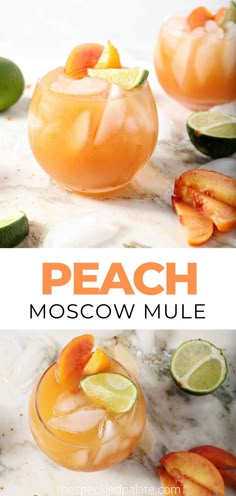 peach moscow mule cocktail with limes and orange slices