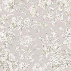 a floral wallpaper with white flowers and green leaves on a gray background in shades of grey