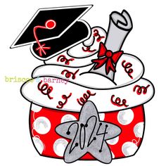 a red and white polka dot hat with a graduation cap on it's top