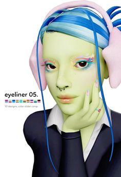 an image of a woman with blue hair wearing headphones on her ears and holding her hand to her face