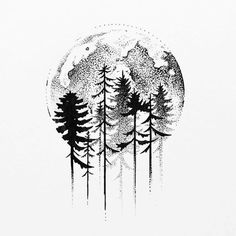 a black and white drawing of trees with the moon in the background