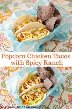 chicken tacos with spicy ranch dressing and tortilla chips on a floral tablecloth