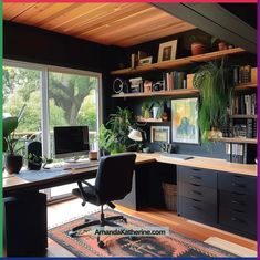 a home office with lots of plants and bookshelves on the shelves, along with a large window