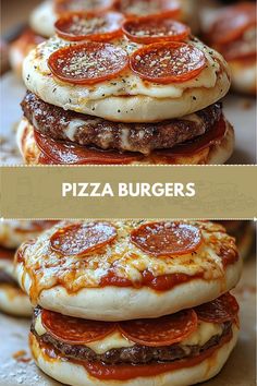 three different views of pizza burgers stacked on top of each other with cheese and pepperoni