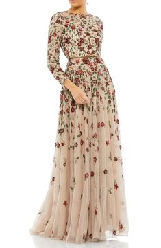 Mac Duggal Floral Sequin Long Sleeve A-Line Gown | Nordstrom Weekend Fashion, Beautiful Dress Designs, Floor Length Gown, Chiffon Gown, Mac Duggal, High Neck Long Sleeve, A Line Gown, Wedding Weekend, Floor Length Dresses