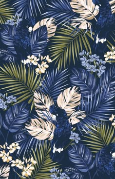 blue and white tropical leaves on a dark background