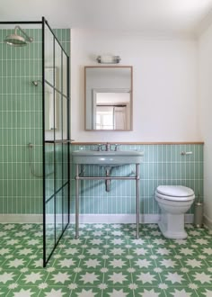 Green Pradena Tile Tiles - Handmade Green Wet Room Bathroom, Star Tiles Bathroom, Green White Bathroom, Communal Bathroom, Bert And May Tiles, Seaside Bathroom, Reclaimed Tile