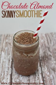 chocolate almond skinnyy smoothie in a mason jar with a red and white striped straw