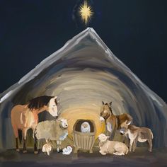 a painting of horses and sheep in front of a manger with a star above it