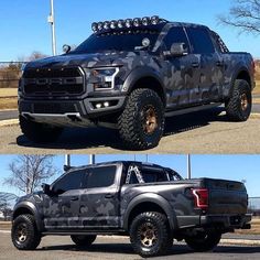 two pictures side by side of a black truck with camo paint and gold rims