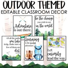 four classroom decor items with the words, outdoor theme and an image of trees in the background