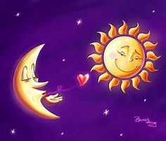 a painting of the sun and moon with hearts coming out of their eyes, on a purple background