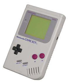 an old fashioned gameboy is shown on a white background with pink and green buttons