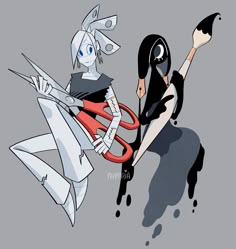 two cartoon characters with scissors in their hands