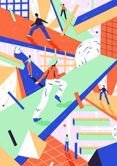 an illustration of people playing soccer in the middle of a colorful area with geometric shapes