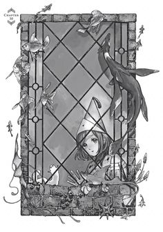 a black and white drawing of a girl with a bird on her head in front of a stained glass window