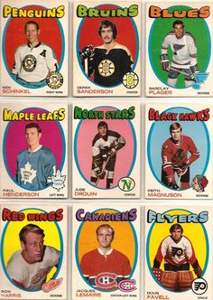 the 1970 - 71 topps hockey cards are shown in different colors and sizes, including maple leafs