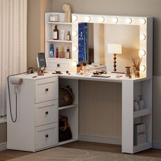 a white vanity with lights on it in a room