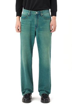 SEMI WIDE FIT100% COTTONGREEN BLUENatural washingNon-stretchy denim fabricSilver button with 'Smoke Rise' logoModel is 6ft and wears size 30 Green Relaxed Fit Jeans, Green Relaxed Fit Cotton Jeans, Mid-rise Green Denim Jeans, Green Non-stretch Denim Jeans, Washed Blue Five-pocket Pants For Streetwear, Rise Logo, Silver Buttons, Logo Color, Denim Fabric