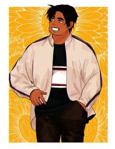 a drawing of a man with his hands in his pockets, standing against a yellow background