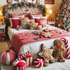 a decorated bedroom with christmas decorations and gingerbread cookies on the bed in front of a christmas tree