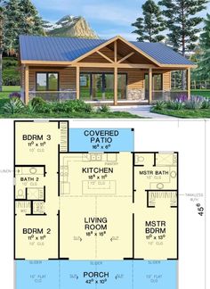 the floor plan for this small cabin home is very large and has two living areas