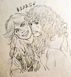 a drawing of two women with curly hair, one holding the other's head