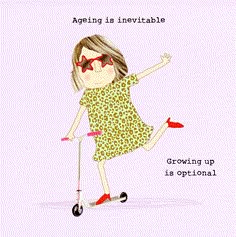 a drawing of a girl on a scooter with the words ageing is inevitable growing up is optimal