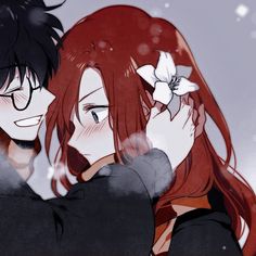 two anime characters with long red hair and glasses, one holding the other's head