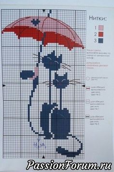 a cross stitch pattern with a cat holding an umbrella