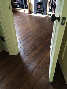 an open door leading into a room with hard wood flooring and closets in the background