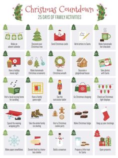 a christmas calendar with different things to do in the holiday season, including gifts and decorations