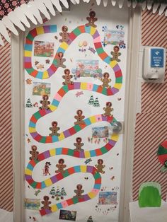 Winter Candy Land Door Decorations, Student Decorated Christmas Door, Candyland Christmas Classroom Door, Candyland Door Decorations Christmas, Christmas Door Candyland, Cute Door Decorations For Christmas, Teacher Holiday Door Decorations, Christmas Candy Land Bulletin Board, Ginger Bread Classroom Door Ideas