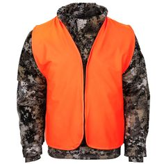 an orange vest with black and white camo sleeves on the chest, in front of a white background