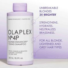 Nº.4P repairs, cleanses, and tones with patented OLAPLEX technology for all blondes, lightened, and grey hair. While hydrating, Nº.4P neutralizes brassiness and brightens the blonde. The highly concentrated pigment allows customizable toning levels ideal for medium to light blonde tones (levels 7 and up) in which yellow or brassy tones need to be controlled. Compared to top purple shampoos, users found their hair 3x brighter using OLAPLEX Nº.4P. The longer you treat, the brighter the toning results, but we recommend starting with one minute and going from there. Olaplex Products, Olaplex Shampoo, Shampoo For Gray Hair, Hair Repair Treatments, Toning Shampoo, Purple Shampoo, Sulfate Free Shampoo, Hair Repair, Grey Hair