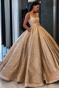 Gold Ball Gown Sequined Prom Dress with Pockets Long Square Quinceanera Dresses - Prom Dresses Gold Sweet 16 Dresses, Ball Gown Gold, Gold Ball Gown, Quinceanera Dresses Gold, Gold Prom Dresses, Gold Gown, Prom Dresses With Pockets, Princess Ball Gowns, Tulle Ball Gown