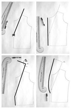 four different views of a sewing pattern with measuring tape, ruler and fabric swatches