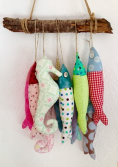 five stuffed fish hanging from a rope on a white wall next to a piece of driftwood